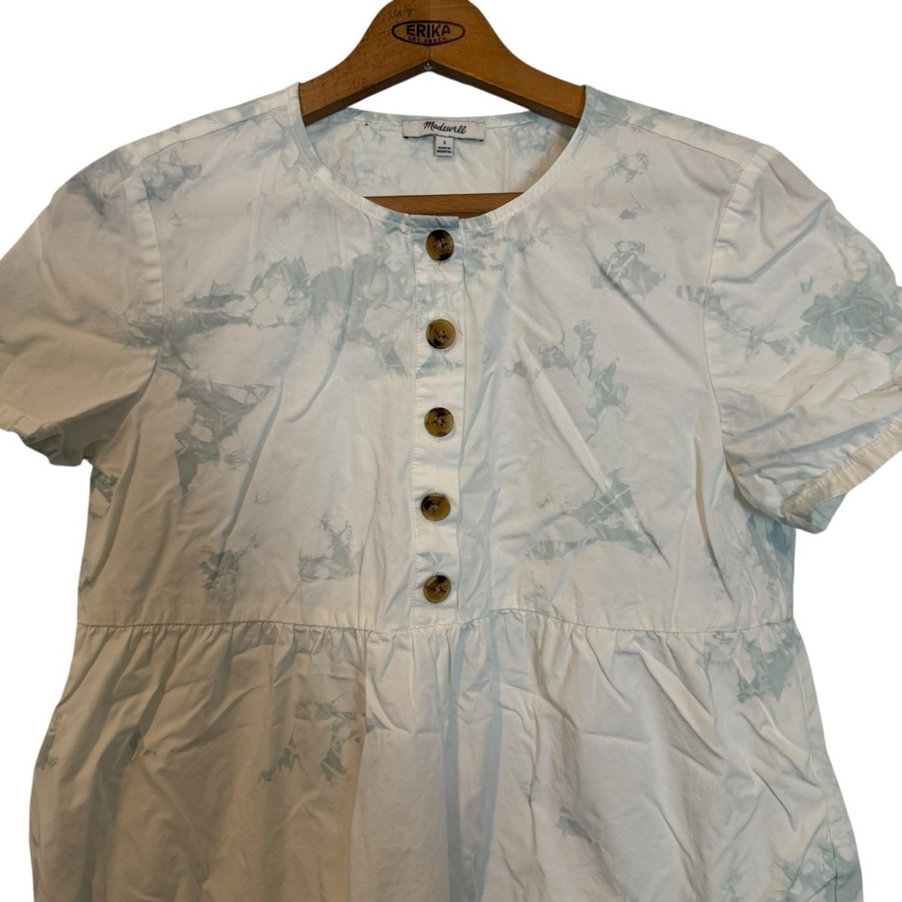 Madewell Women's S Blue White Tie Dye 100% Cotton Tiered Mini Dress Short Sleeve - Picture 5 of 7